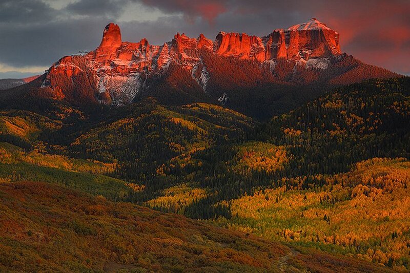 Mountain Range at Sunset — Red, Dramatic, Photograph, Forest, Hills