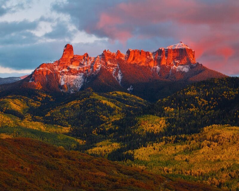Mountain Range at Sunset — Red, Dramatic, Photograph, Forest