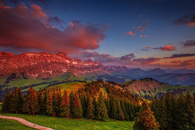 Mountain Range at Sunset — Red, Dramatic, Photograph, Forests