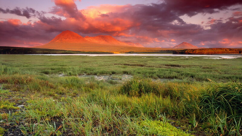 Mountain Range at Sunset — Red, Dramatic, Photograph, Grassland