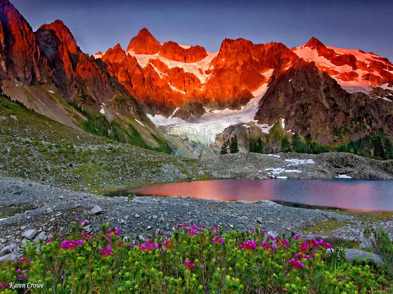 Mountain Range at Sunset — Red, Dramatic, Photograph, Lake, Flowers