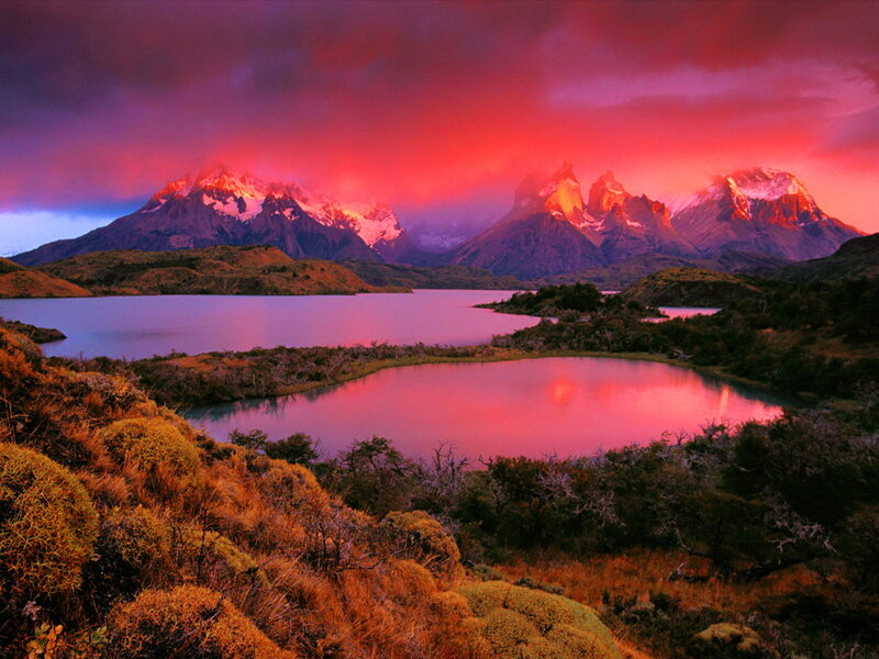 Mountain Range at Sunset — Red, Dramatic, Photograph, Lake