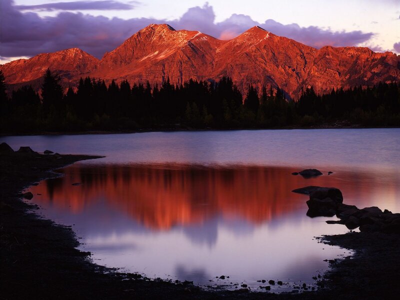 Mountain Range at Sunset — Red, Dramatic, Photograph, Lake, Trees