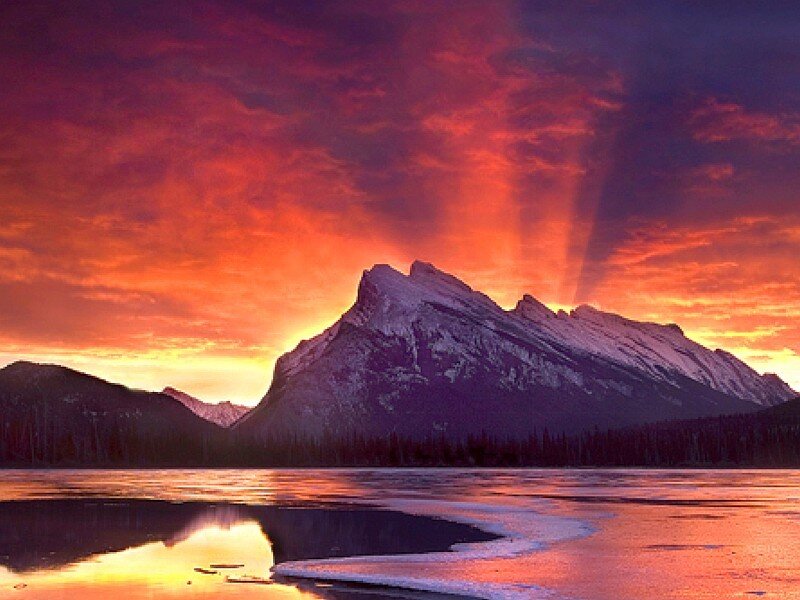 Mountain Range at Sunset — Red, Dramatic, Photograph, Mountains, Lake