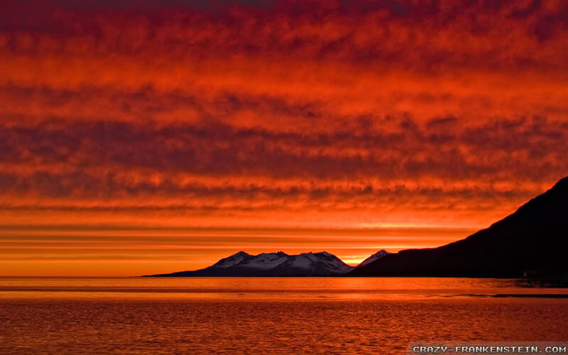 Mountain Range at Sunset — Red, Dramatic, Photograph, Mountains, Sea