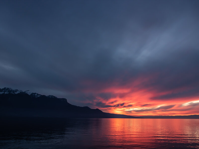 Mountain Range at Sunset — Red, Dramatic, Photograph, Mountains, Sky