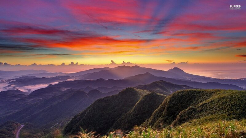 Mountain Range at Sunset — Red, Dramatic, Photograph, Sky, Clouds, Fog