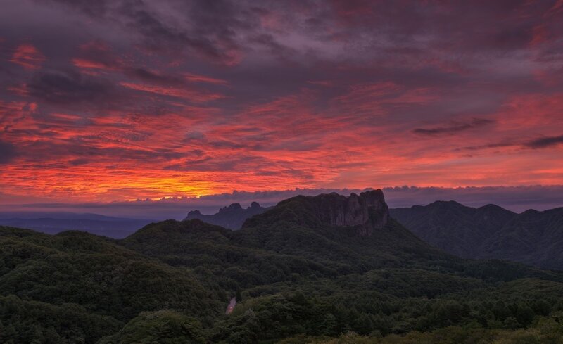 Mountain Range at Sunset — Red, Dramatic, Photograph, Sky, Clouds, Forest