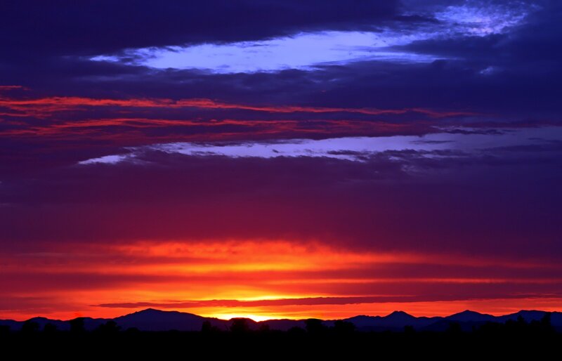 Mountain Range at Sunset — Red, Dramatic, Photograph, Sky, Clouds, Silhouette