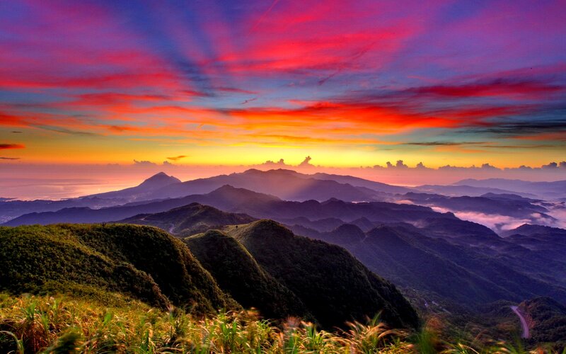 Mountain Range at Sunset — Red, Dramatic, Photograph, Sky, Clouds