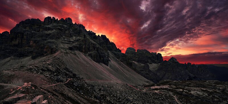 Mountain Range at Sunset — Red, Dramatic, Photograph, Sky, Clouds, Trail