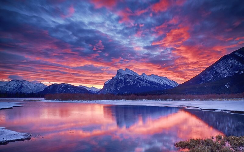 Mountain Range at Sunset — Red, Dramatic, Photograph, Sky, Lake