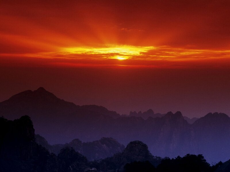 Mountain Range at Sunset — Red, Dramatic, Photograph, Sun, Clouds, Silhouette