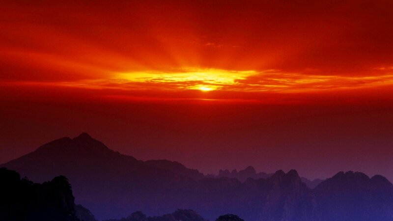 Mountain Range at Sunset — Red, Dramatic, Photograph, Sun, Sky, Clouds