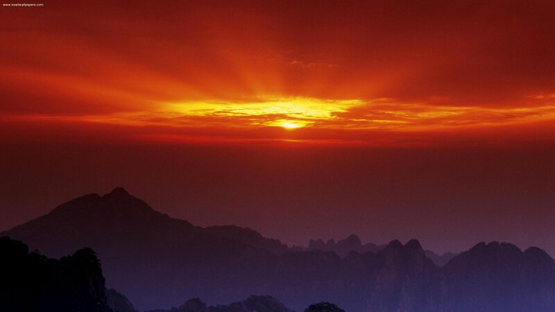 Mountain Range at Sunset — Red, Dramatic, Photograph, Sun