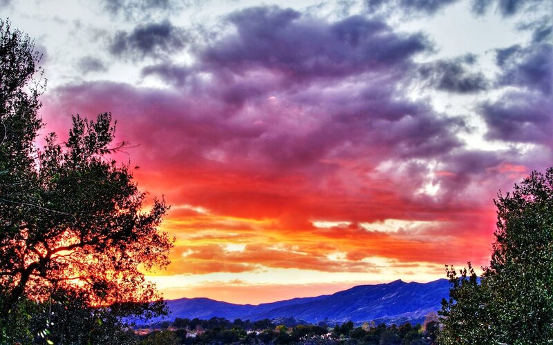 Mountain Range at Sunset — Red, Dramatic, Photograph, Trees, Clouds, Sky, Orange, Purple