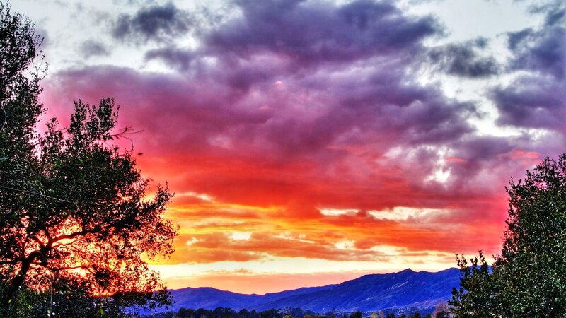 Mountain Range at Sunset — Red, Dramatic, Photograph, Trees, Clouds, Sky