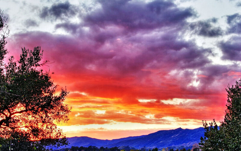 Mountain Range at Sunset — Red, Dramatic, Photograph, Trees, Clouds