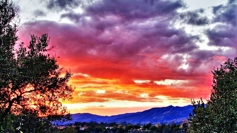 Mountain Range at Sunset — Red, Dramatic, Photograph, Trees