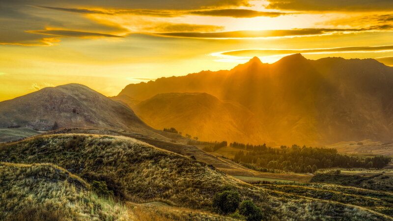 Mountain Range at Sunset — Yellow, Dramatic, Photograph, Hills, Trees