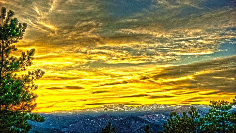 Mountain Range at Sunset — Yellow, Dramatic, Photograph, Pine Trees