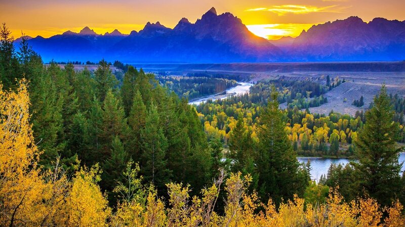 Mountain Range at Sunset — Yellow, Dramatic, Photograph, River