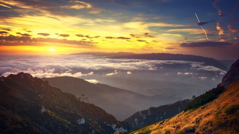Mountain Range at Sunset — Yellow, Dramatic, Photograph, Sun
