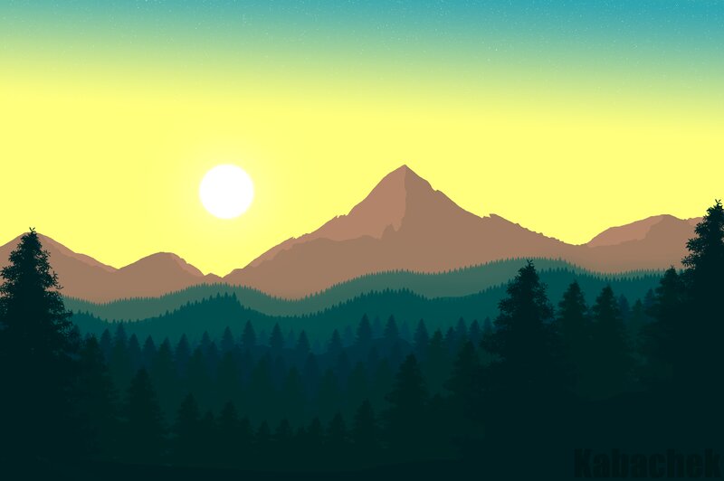 Mountain Range at Sunset — Yellow, Serene, Digital Art, Sun