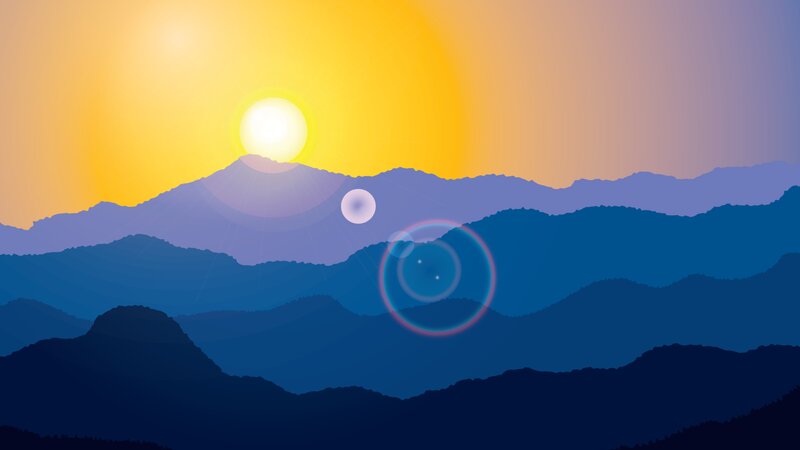 Mountain Range at Sunset — Yellow, Serene, Digital Art