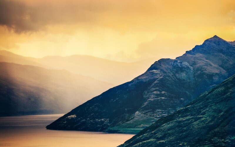 Mountain Range at Sunset — Yellow, Serene, Photograph, Lake