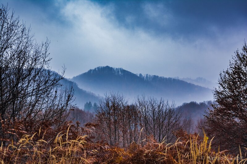Mountain Range in Fog — Blue, Misty