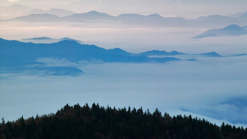 Mountain Range in Fog — Blue, Serene, Morning, Photograph, Forest, Hills