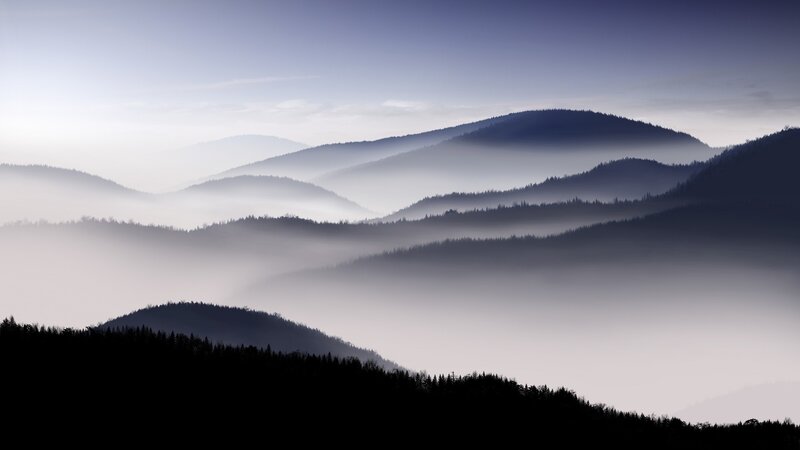 Mountain Range in Fog — Blue, Serene, Morning, Photograph, Forest, Sky, Gray