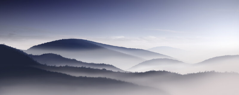 Mountain Range in Fog — Blue, Serene, Morning, Photograph, Hills