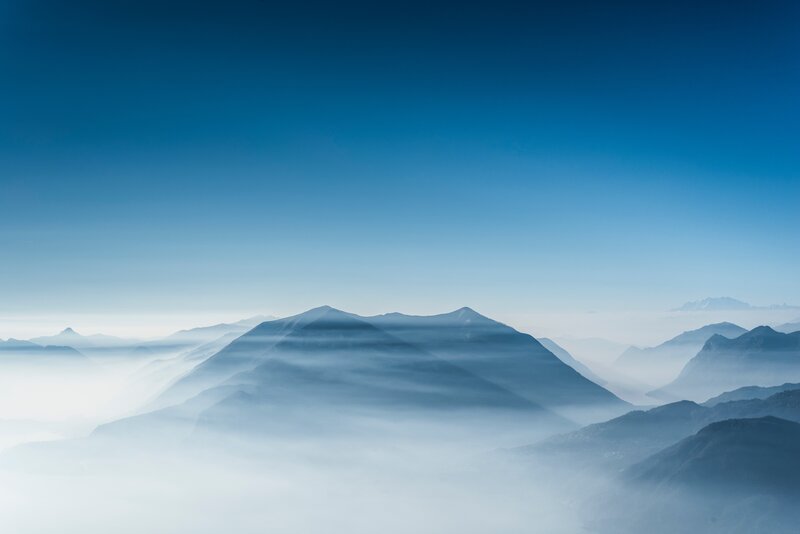 Mountain Range in Fog — Blue, Serene, Morning, Photograph, Sky