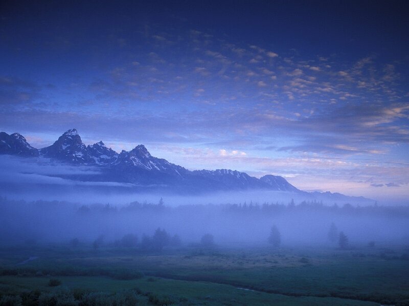 Mountain Range in Fog — Blue, Serene, Morning, Photograph, Trees, Sky