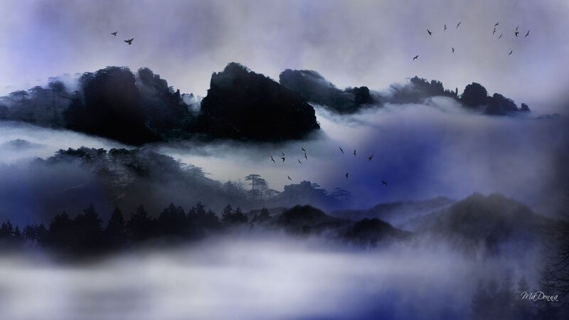 Mountain Range in Fog — Blue