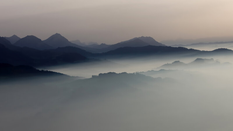 Mountain Range in Fog — Gray, Serene, Morning, Photograph, Hills