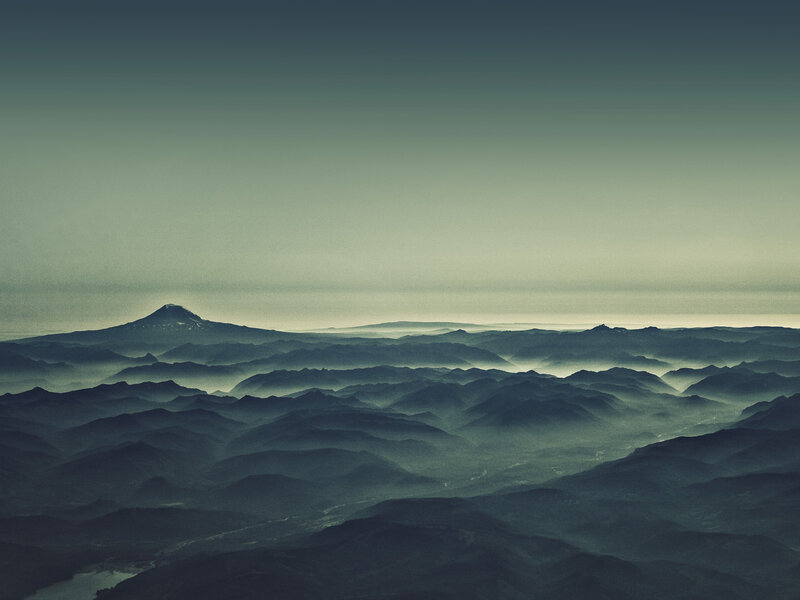 Mountain Range in Fog — Green, Serene, Morning, Photograph