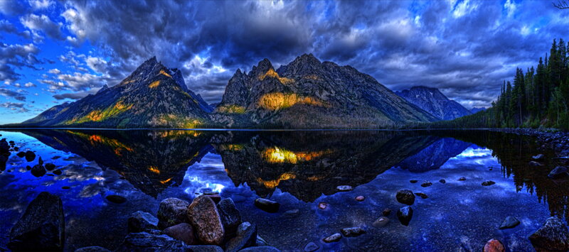 Mountain Range in Lake — Blue, Dramatic, Sunset