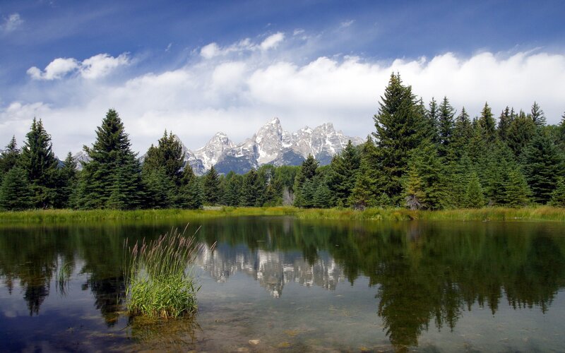 Mountain Range in Lake — Blue, Serene, Afternoon, Photograph, Trees, Sky, Clouds