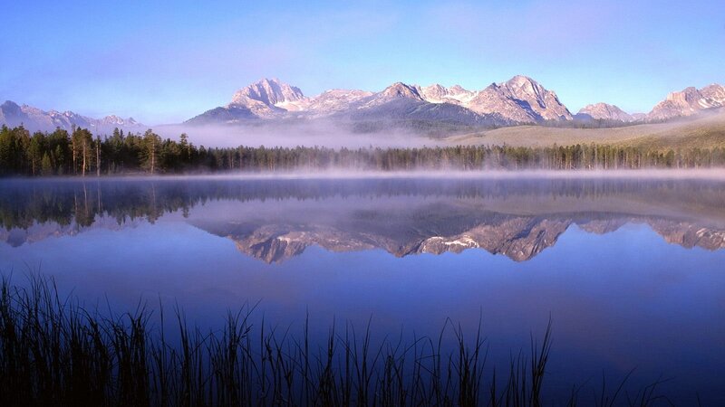 Mountain Range in Lake — Blue, Serene, Morning, Photograph, Fog