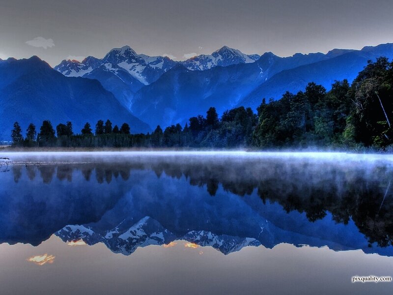 Mountain Range in Lake — Blue, Serene, Morning, Photograph, Snow-capped Mountains