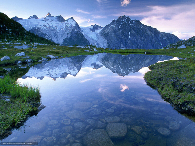 Mountain Range in Lake — Blue, Serene, Morning, Photograph, Snow, Grass