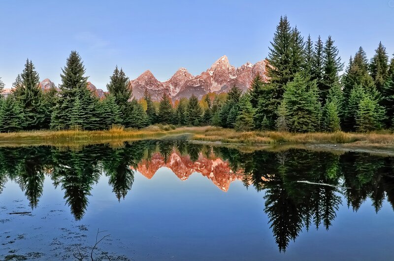 Mountain Range in Lake — Blue, Serene, Morning, Photograph, Trees, Mountains