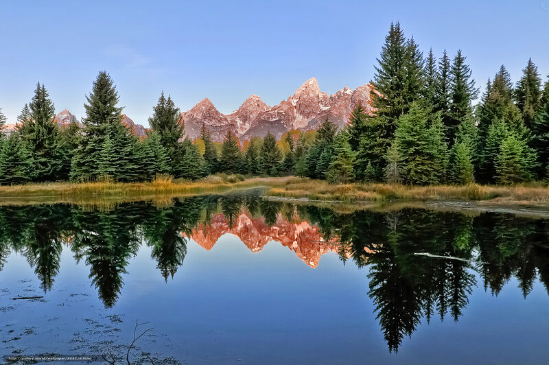 Mountain Range in Lake — Blue, Serene, Morning, Photograph, Trees, Reflection