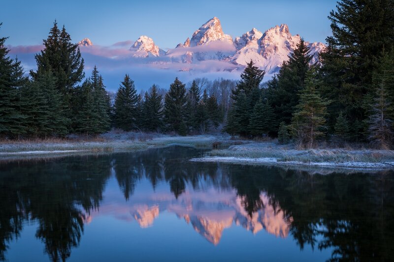 Mountain Range in Lake — Blue, Serene, Morning, Photograph, Trees, Snow