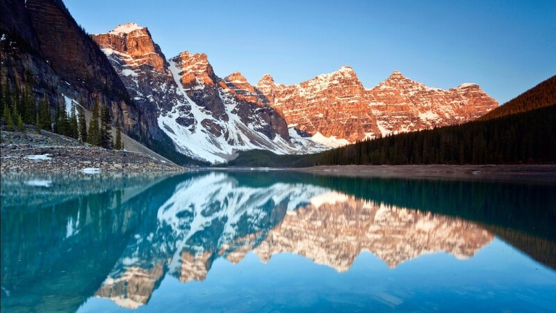 Mountain Range in Lake — Blue, Serene, Sunrise, Photograph, Snow, Trees