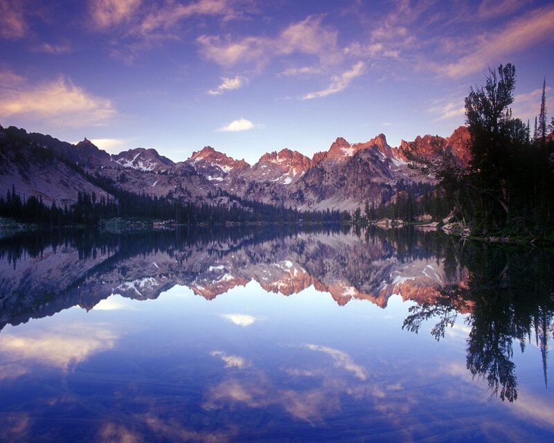 Mountain Range in Lake — Blue, Serene, Sunrise, Photograph, Trees, Clouds