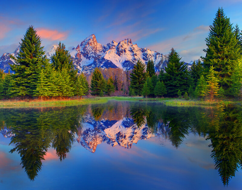 Mountain Range in Lake — Blue, Serene, Sunrise, Photograph, Trees, Snow